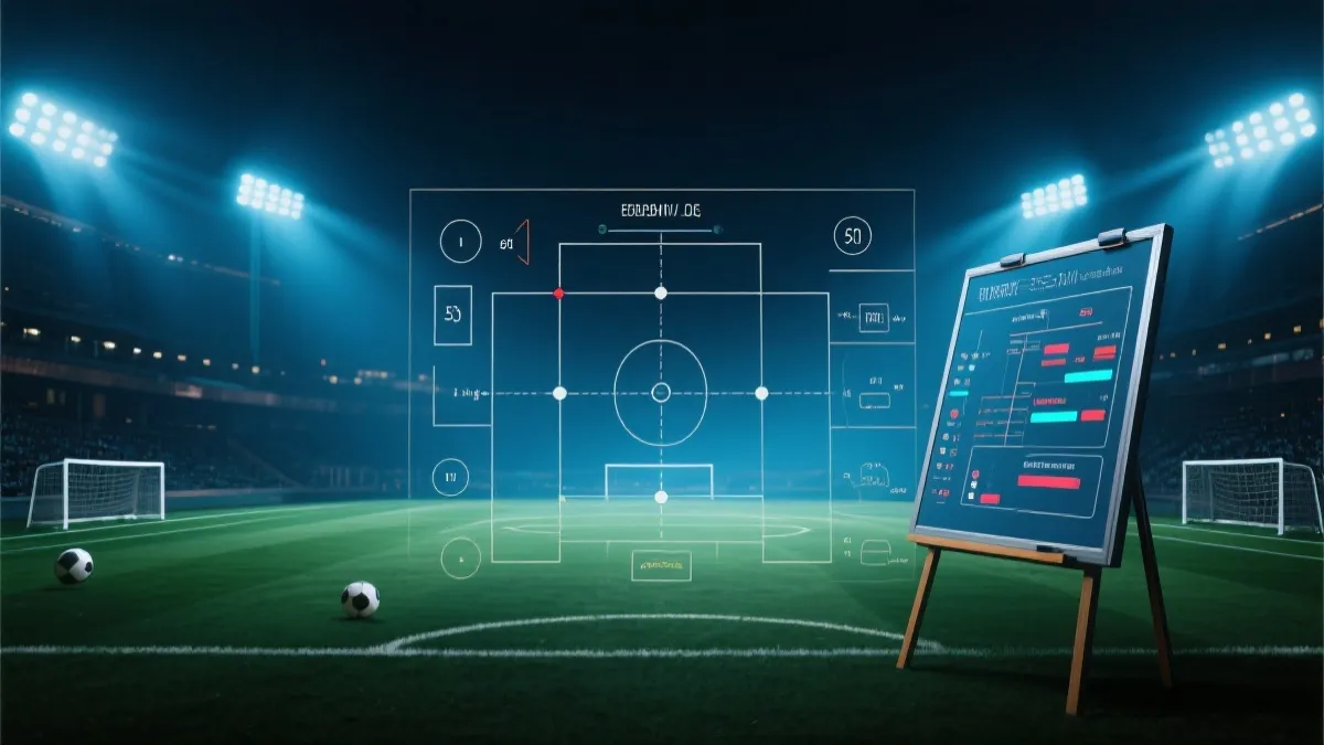 世界杯球场夜景与战术板叠加的视觉概念图，象征数据推演与临场博弈